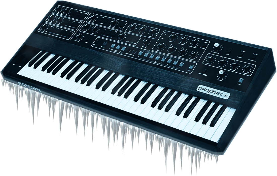Prophet-5 synthesizer in black and white, covered in snow and ice